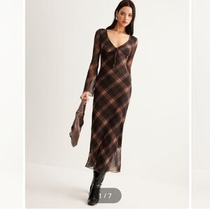 Commense Black and Brown Plaid Long Sleeve Dress